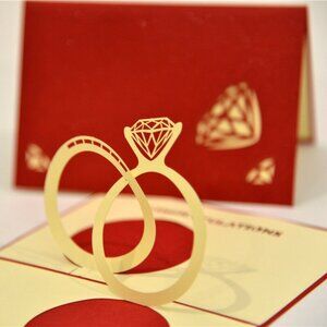 Handmade 3D Pop Up Diamond Ring Congratulations Propose Marriage Card Red